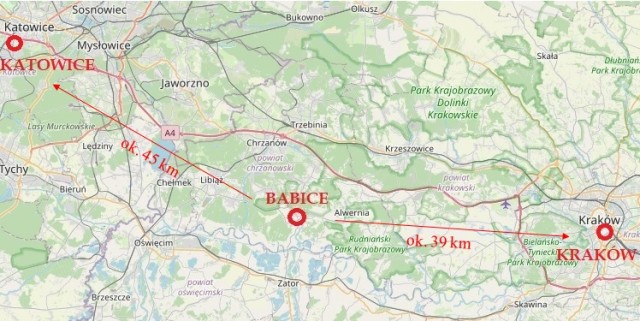 Lokalizacja Babickiej Strefy Ekonomicznej w odległości ok. 39 km. od Krakowa i ok. 45 km od Katowic